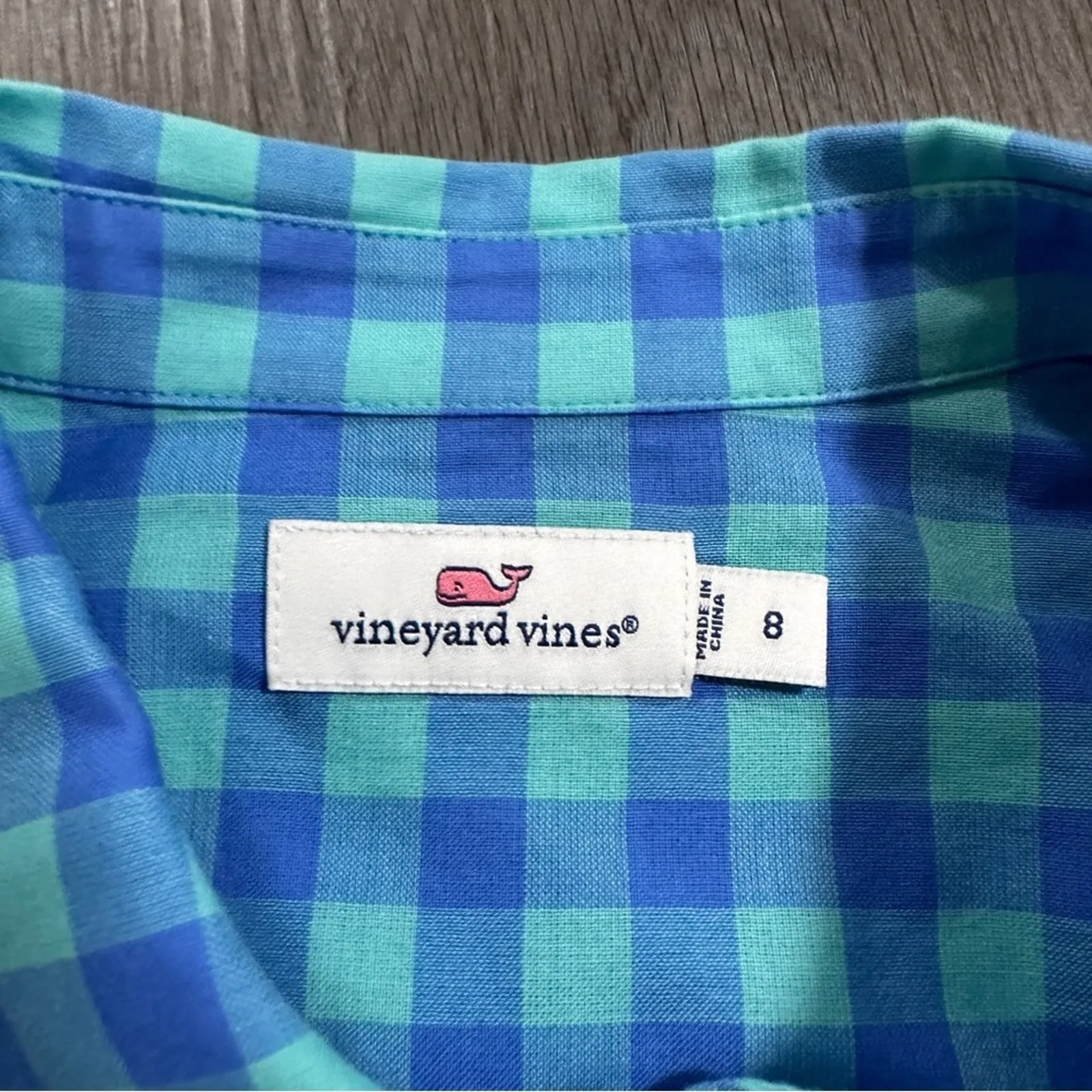 Vineyard Vines Three Color Gingham Button Down Popover in‎ Capri Blue Size 8 - Image 5