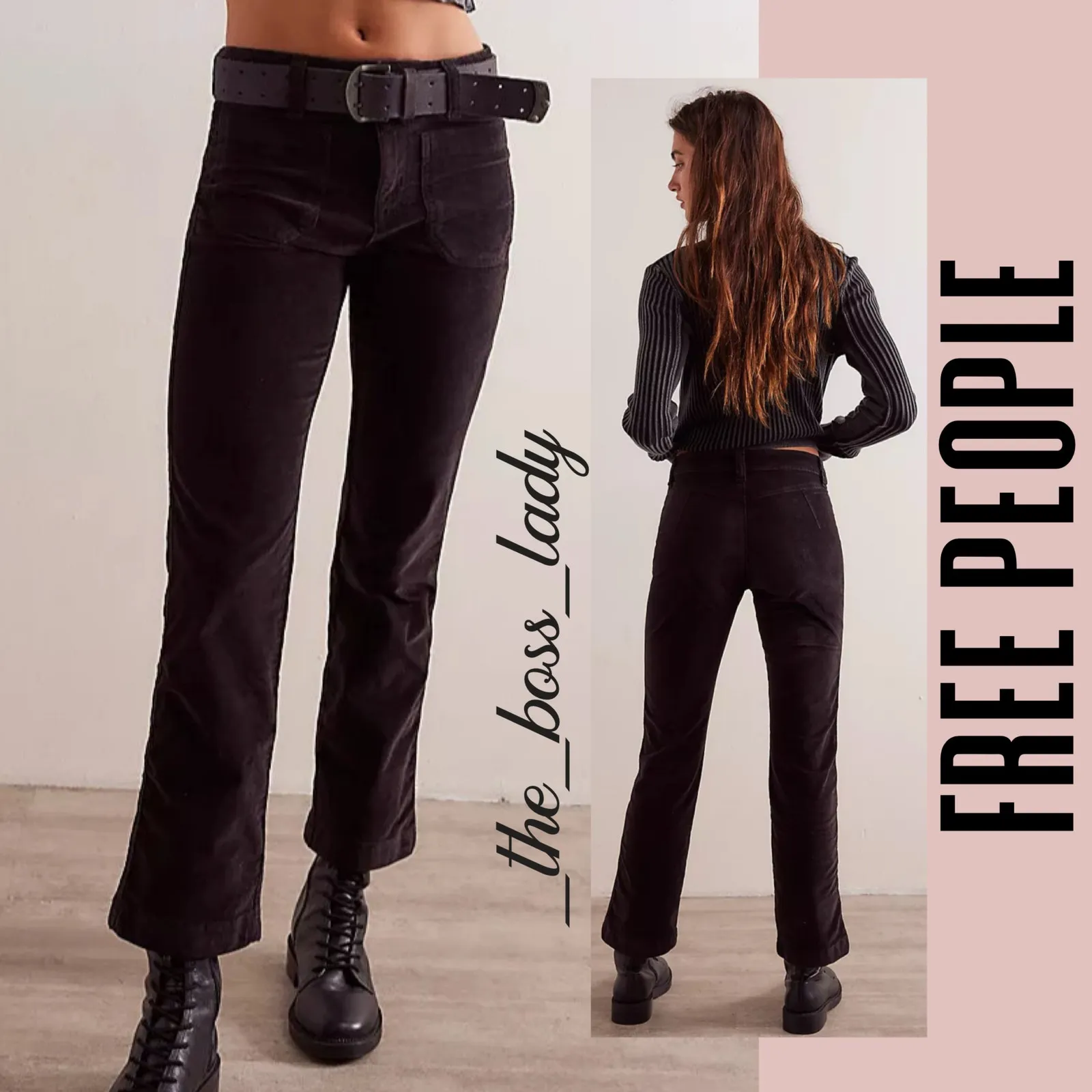 Free People velvet pants flare high rise cropped cotton 6 black - Image 8