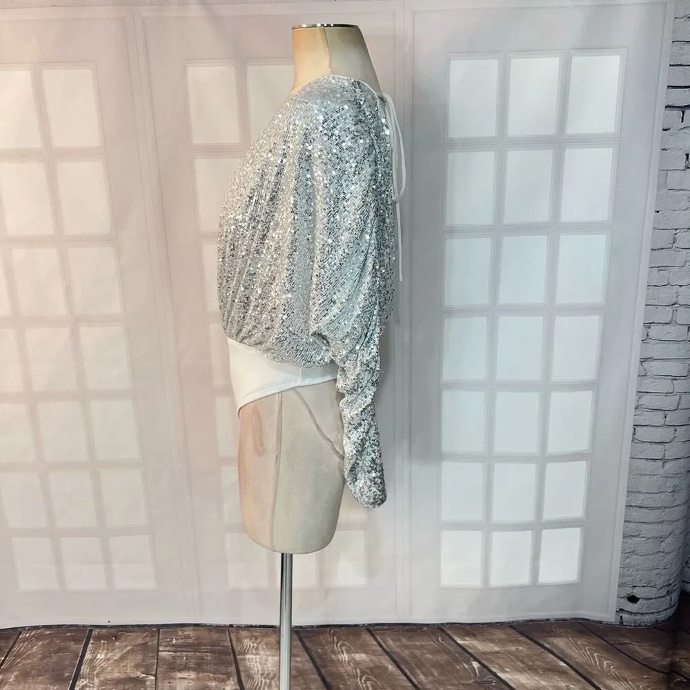 Lovers And Friends Silver Sequin Ginger Faux Wrap Open Back Bodysuit Small - Image 9