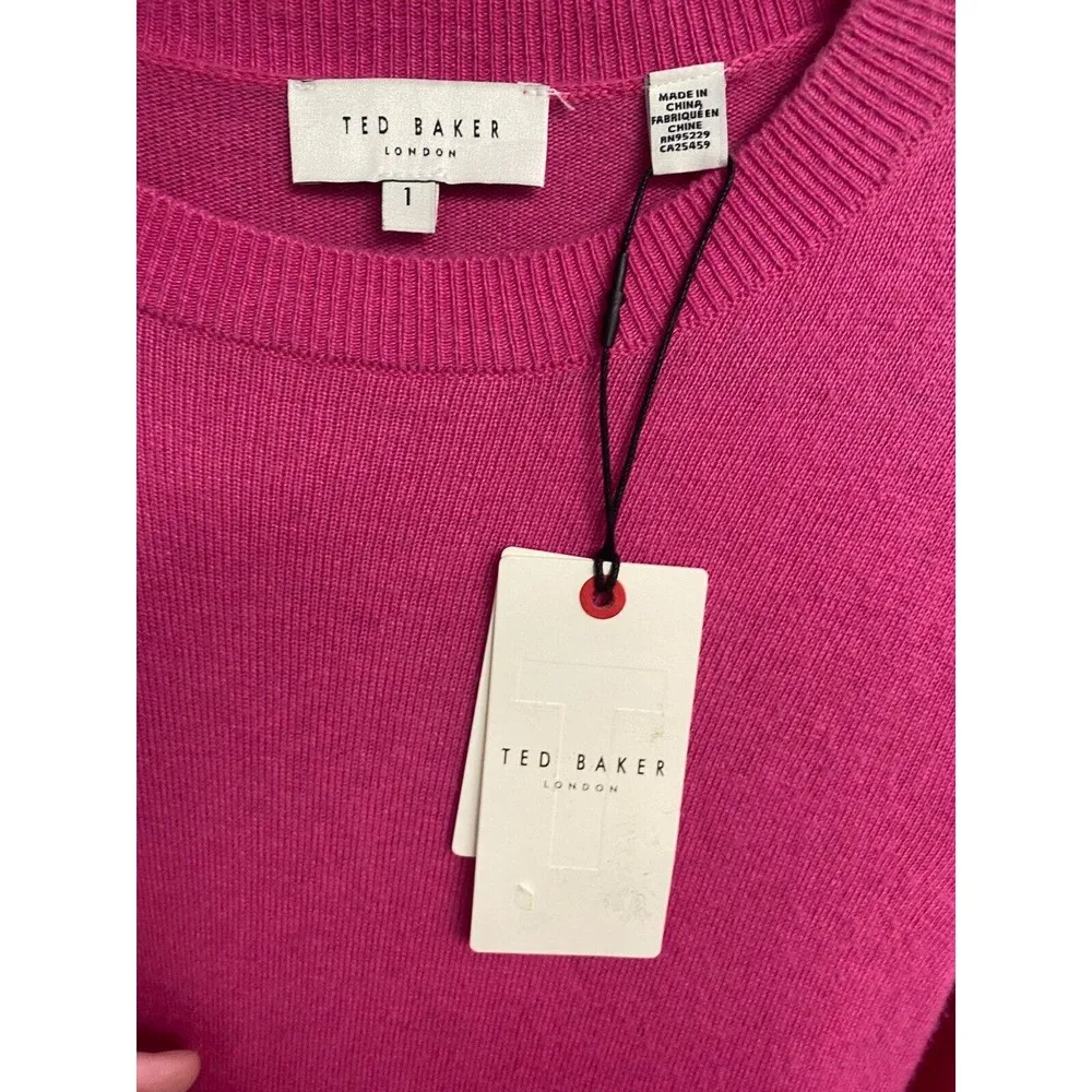 Ted Baker Sweater Dress Women's XS Pink Knit Long Sleeve Slouchy Tie Front B64 - Image 8