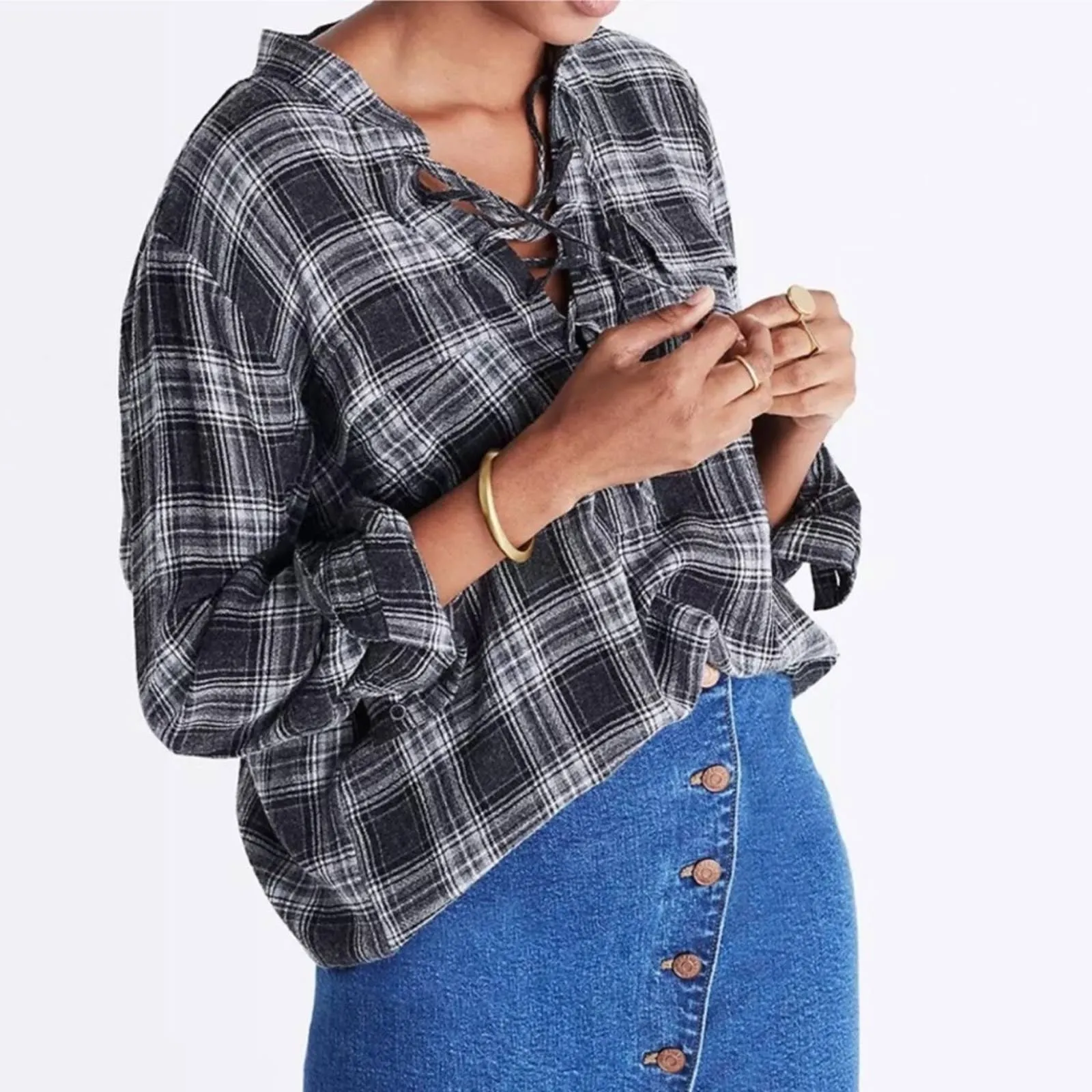 Madewell Women’s Owens Plaid Terrace Lace-Up Shirt‎ Size Medium - Image 2