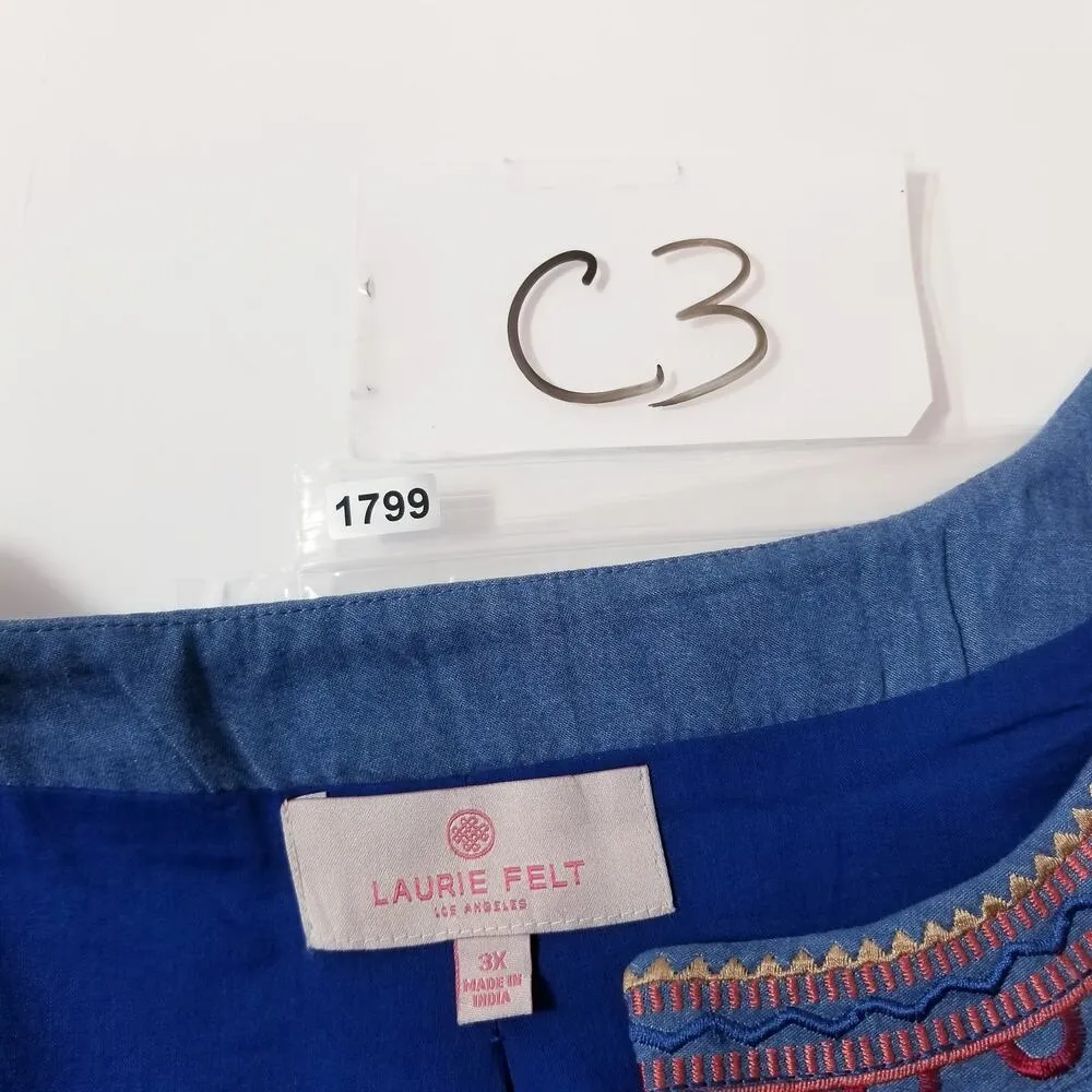 Laurie Felt 100% Cotton Bohemian Floral Embroidered Blazer Jacket Blue Size 3X - Image 14