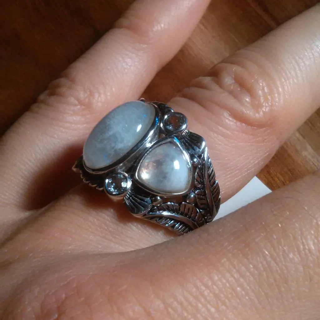White Rainbow Moonstone Three Stone Sterling Silver Ring (Size 7) - Image 2