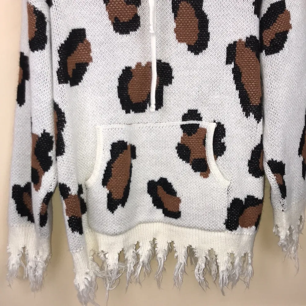 Hayden Los Angeles Women’s Leopard Print Distressed Raw Oversized Hooded Sweater - Image 3