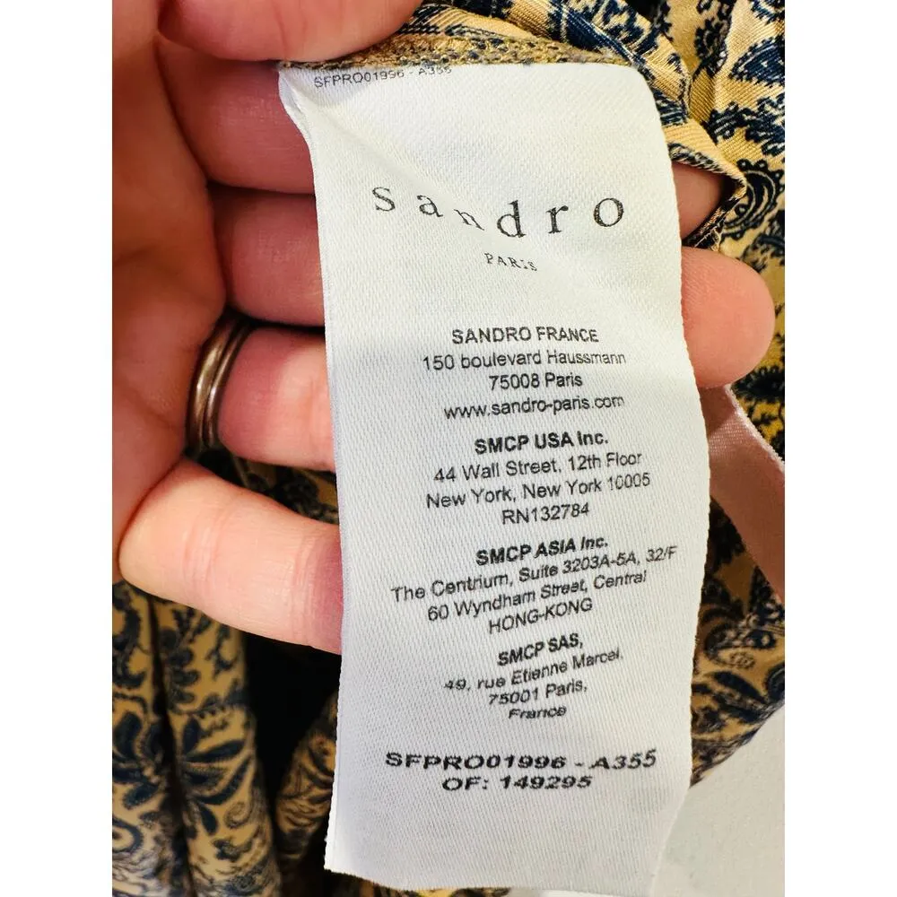 SANDRO Yellow Floral Print Deep V-Neck Airy Puffed Sleeves Midi Dress Size 40 - Image 11