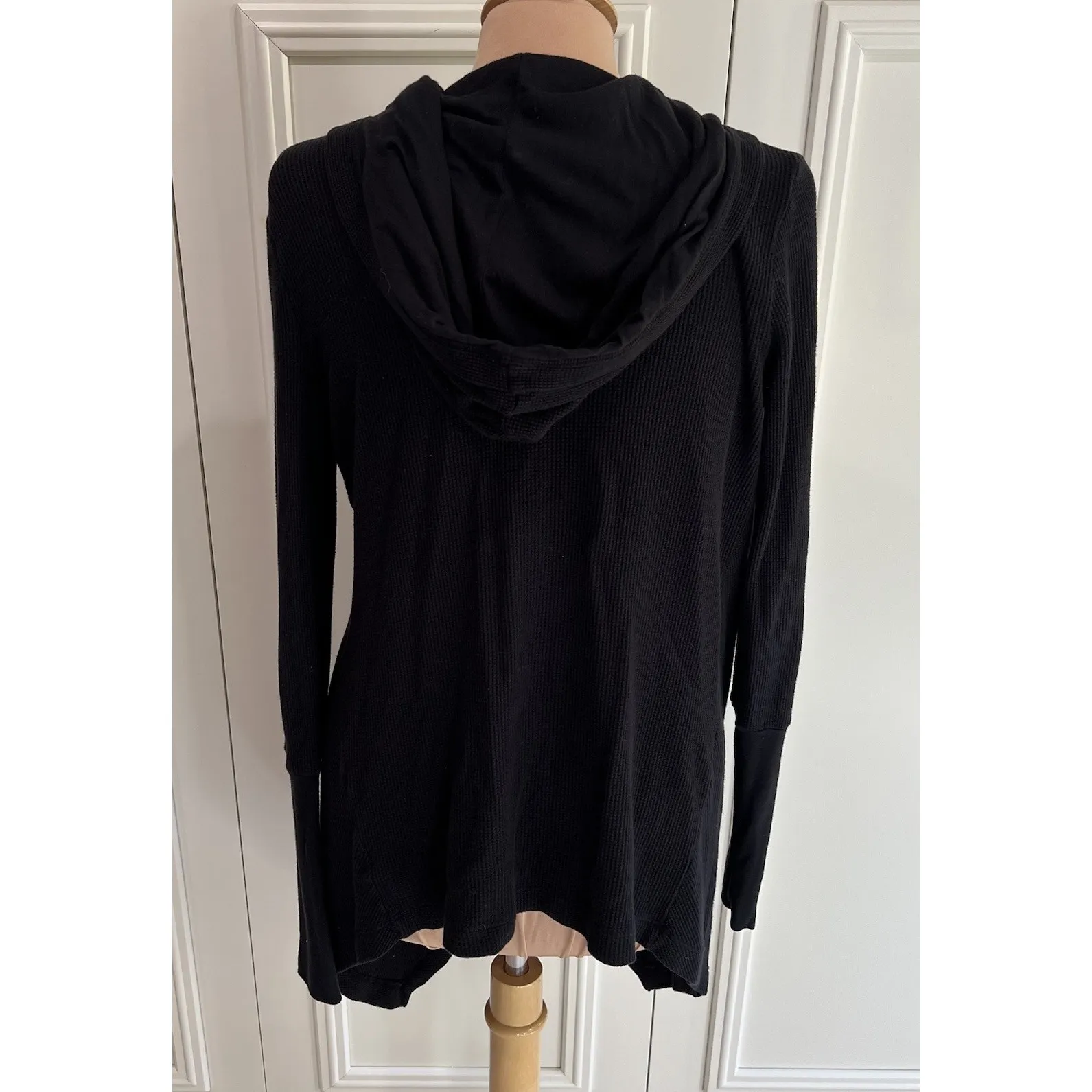 Splendid Black Cardigan Waffle‎ Knit Hooded Asymmetric Minimalist Cozy Classic - Image 4