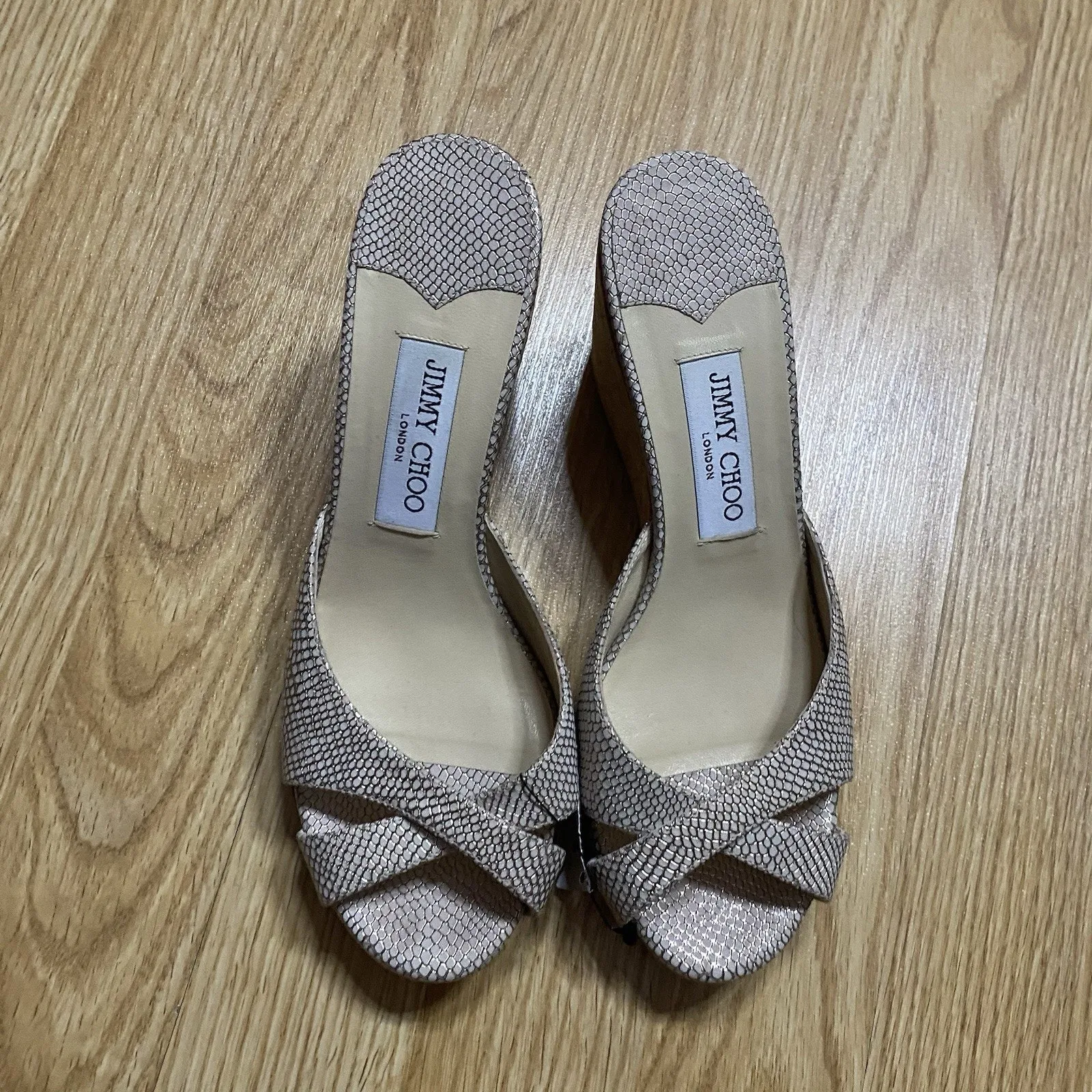 Jimmy Choo Gold Prima Cork Wedge Platform Sandal Slip On Heels US 7.5 EU 38 - Image 2