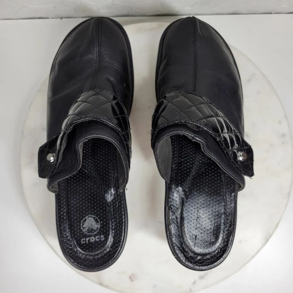 Crocs Cobbler Mules Womens 11 Black Quilted Patent Leather Platform Clogs Work - Image 12