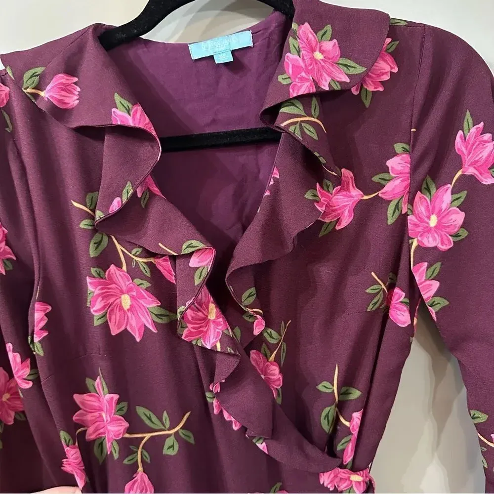 Draper James RSVP Plum Multicolor Floral Ruffle Wrap Lined Dress Size XS - Image 3