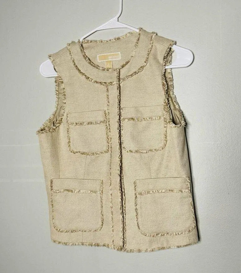Michael Michael Kors Tan Cream Tweed Button Front Pockets Vest  Size 6 - Image 4