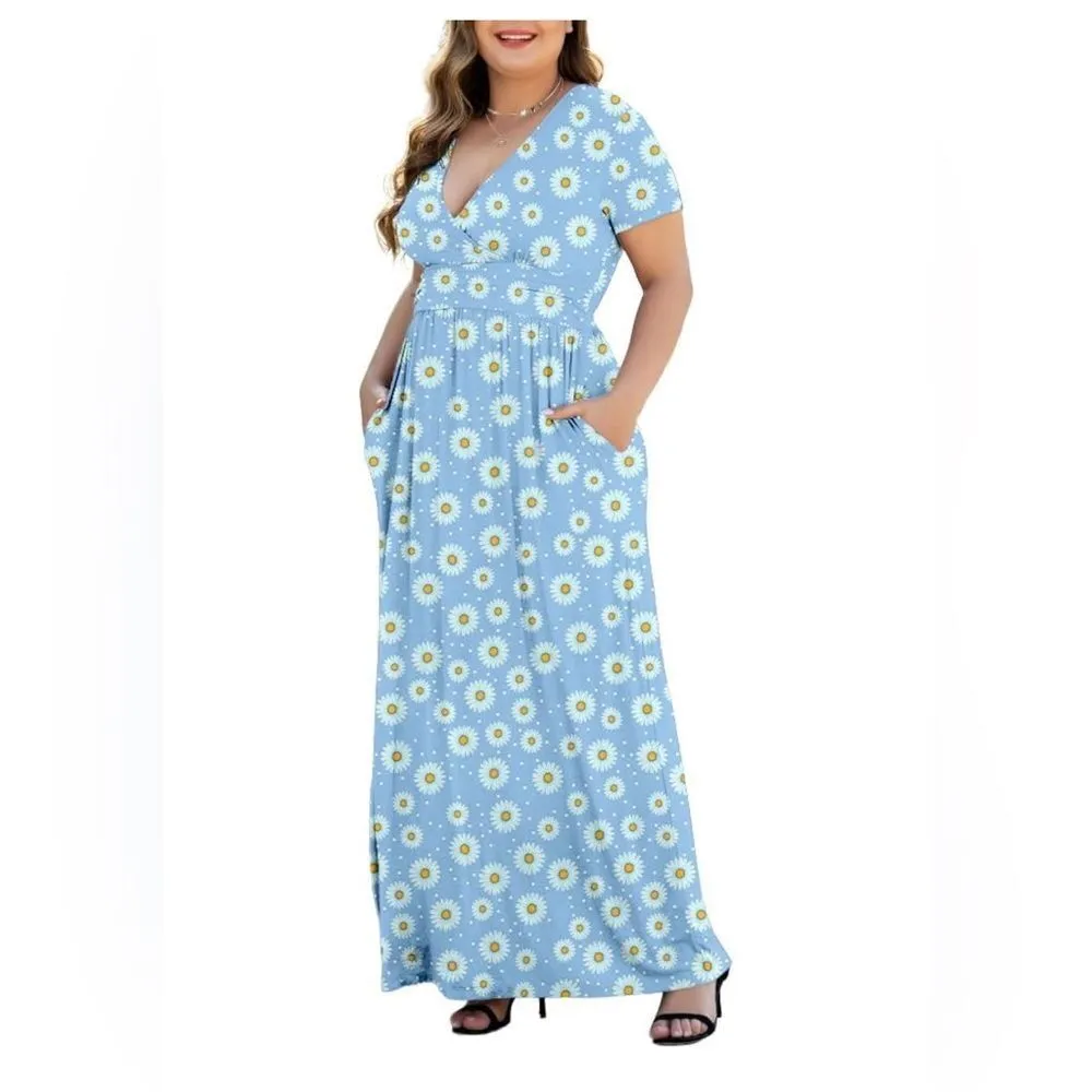 Women’s dress floral light blue Short Sleeve Maxi Plus Size Casual sundress‎ 3XL - Image 2
