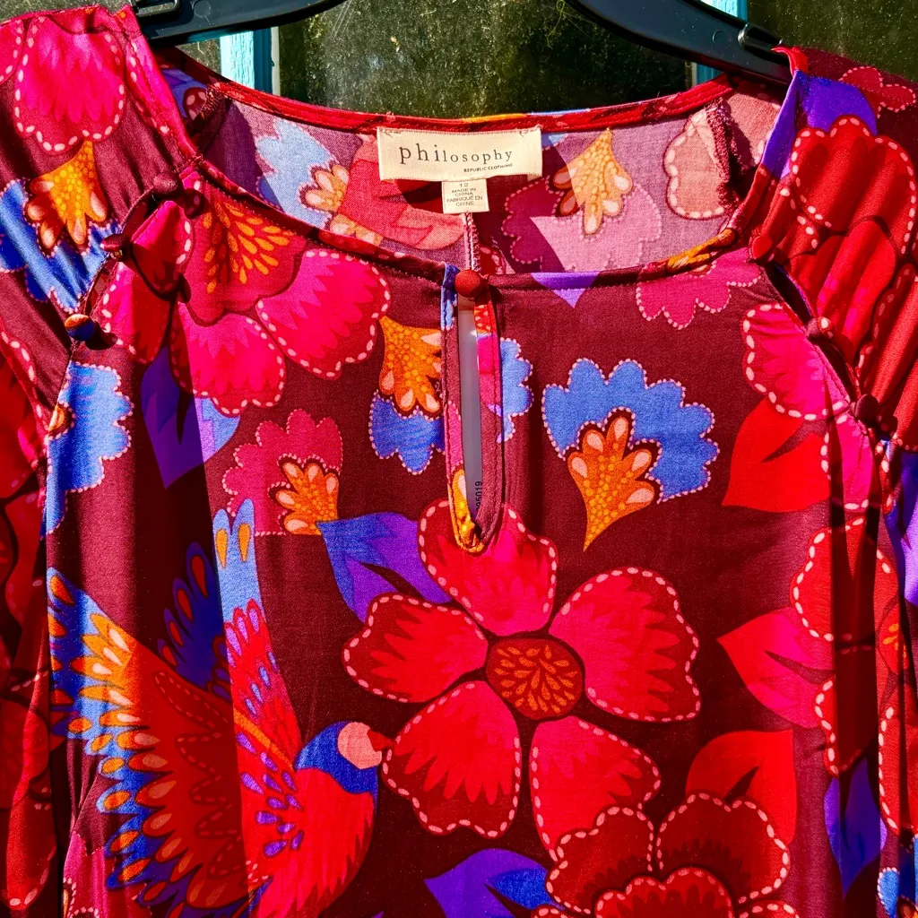Philosophy Red and Purple Floral Long Sleeve Dress Silky Feel Button Detail NWT - Image 12