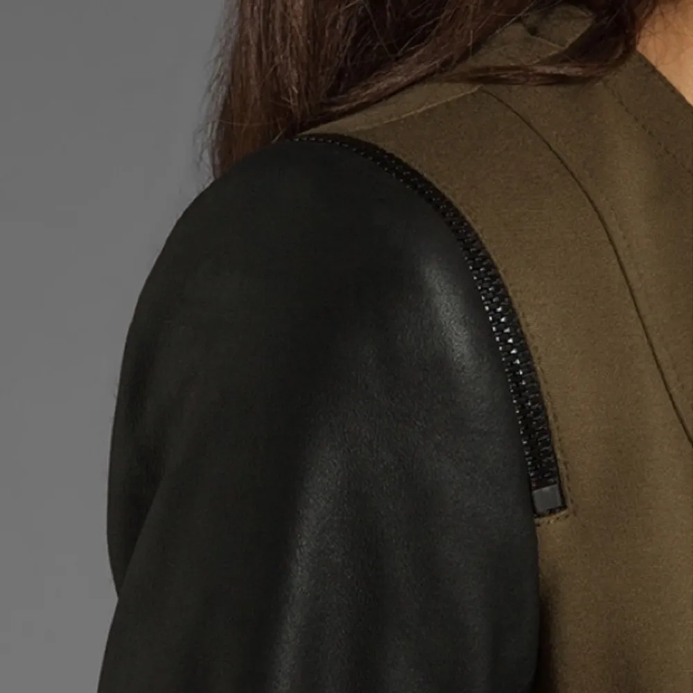 Theory Yaisa Pryor Leather Sleeve Blazer Jacket Olive Green & Black Large - Image 4