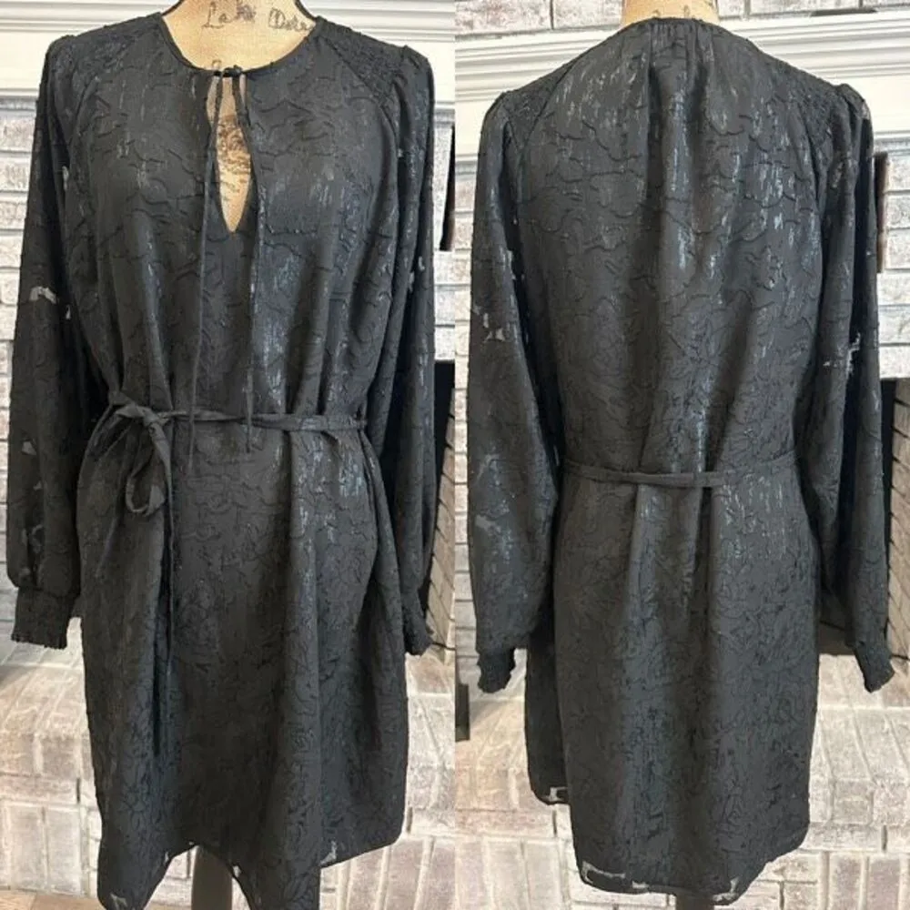 Elizabeth and James‎ Smock Sleeve Tie Waist Dress Black Large Semi-Sheer Floral - Image 2