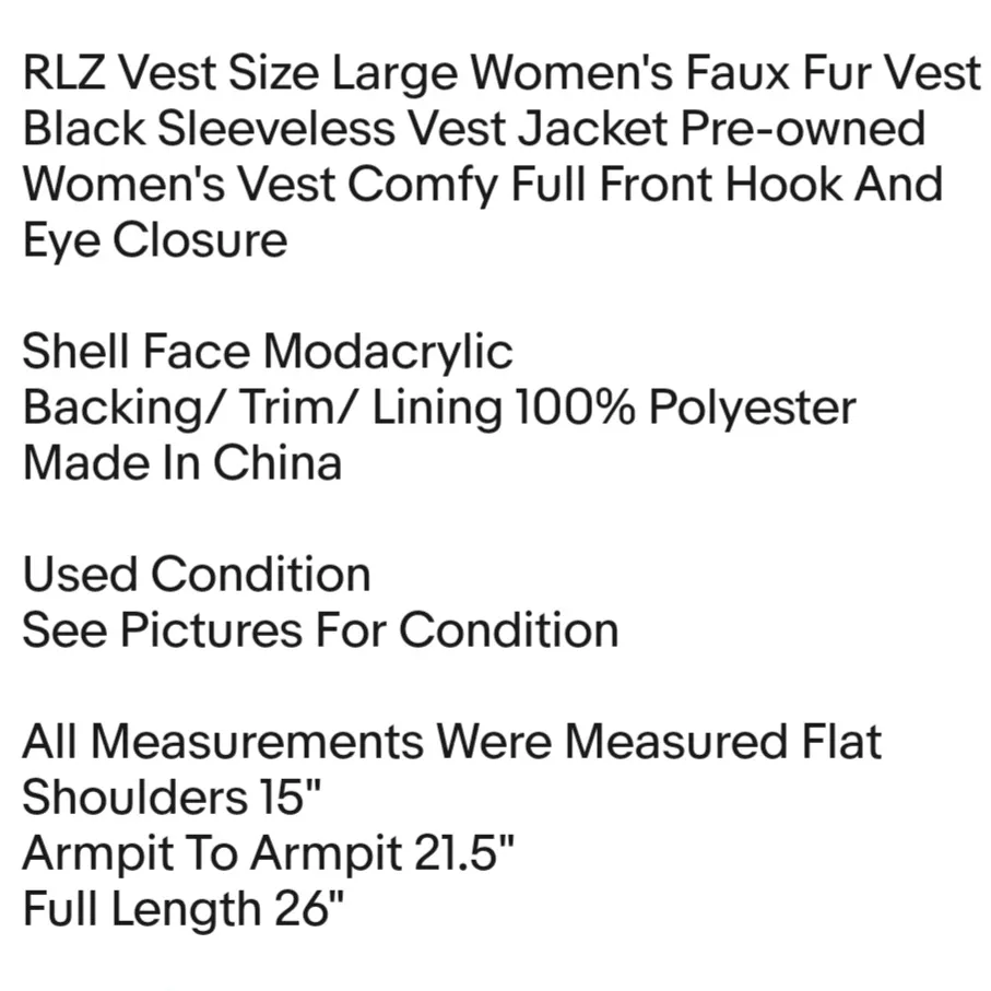 RLZ Vest Size Large Women's Faux Fur Vest Black Sleeveless Vest Jacket Pre-owned Women's Vest - Image 2