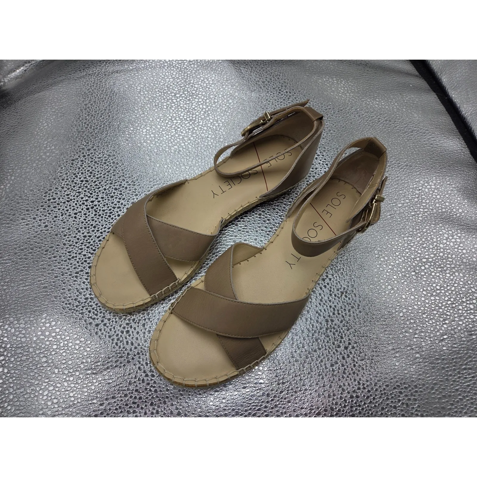 Sole Society Leather Ankle Strap Espadrille Sandals Saundra Taupe Shoes 8.5M - Image 2