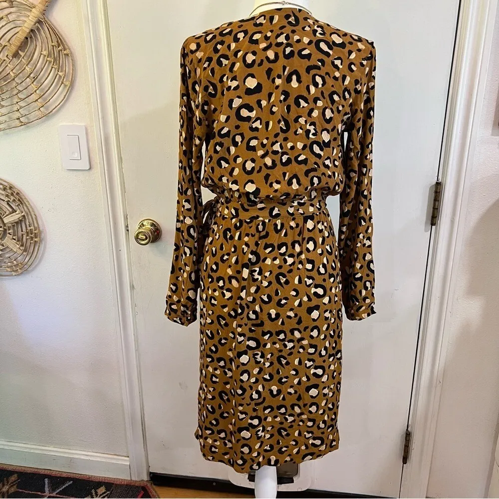 H&M Leopard Print Wrap Midi Dress Long Sleeve Tie Waist Y2K Animal Print Sz 6 - Image 8