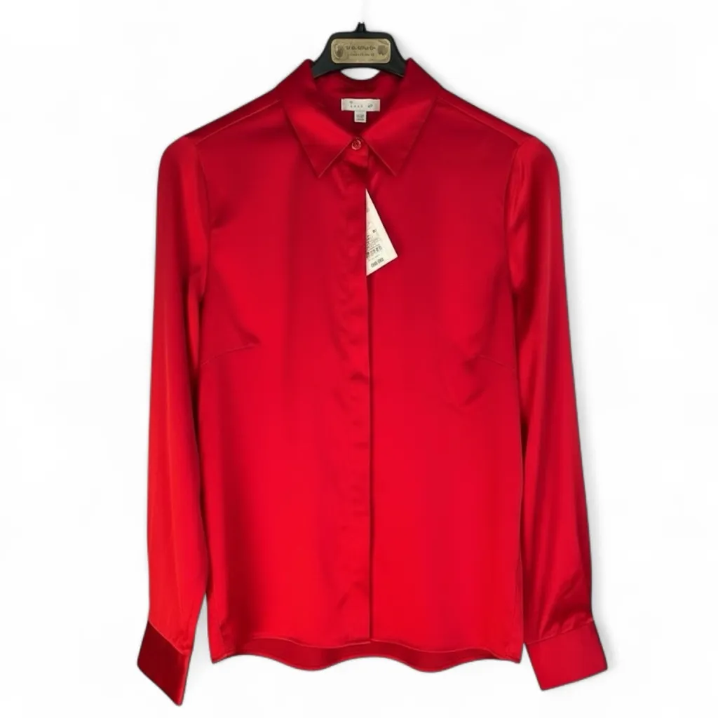NWT A new day ong Sleeve Collared Satin Button Down Shirt Scarlet Red. XS - Image 5