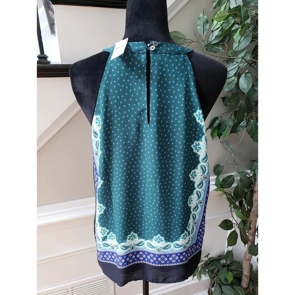 LOFT Tank Top Women Small Green Handkerchief Print Sleeveless Lined Keyhole Back - Image 5