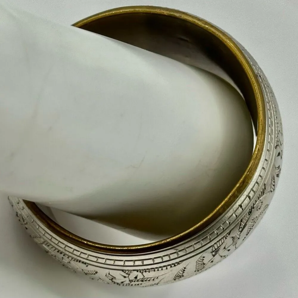 Silver tone and brass ethnic wide bangle bracelet - Image 8