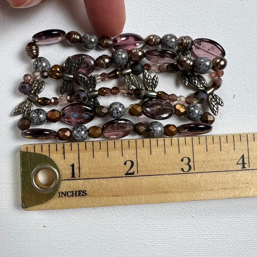 Handmade Beaded Bracelet Trio Purples Browns Dragonfly Metals - Image 5