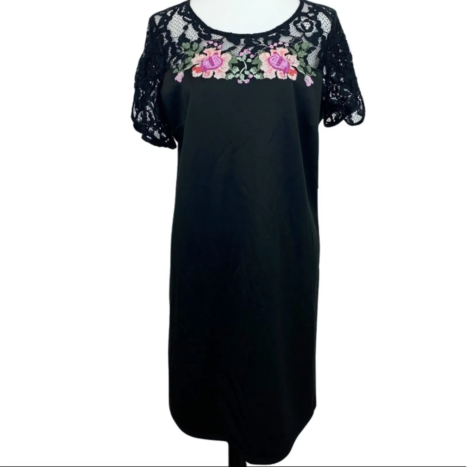 Luxology Dressbarn NEW Women's Black Pink Floral Lace Embroidered Dress Large - Image 12