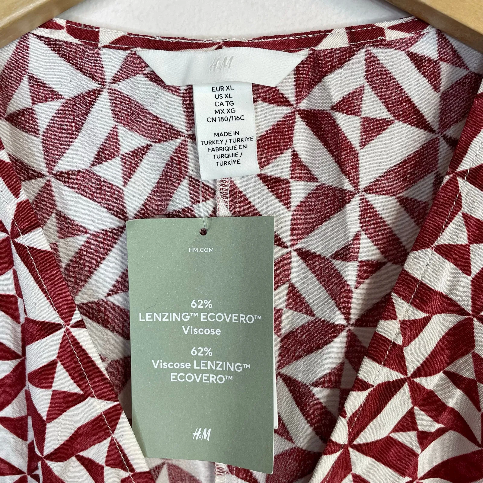 H&M Red Print Puff Sleeve Midi Dress Lenzing Ecovero Woven Boho Womens XL New - Image 11