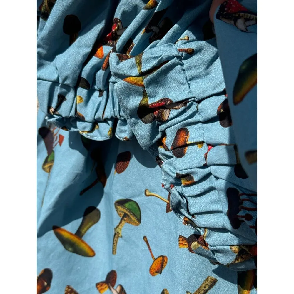 Never A Wallflower Gathered V Neck Blouse Blue Mushroom Print Shirt Size Medium - Image 6