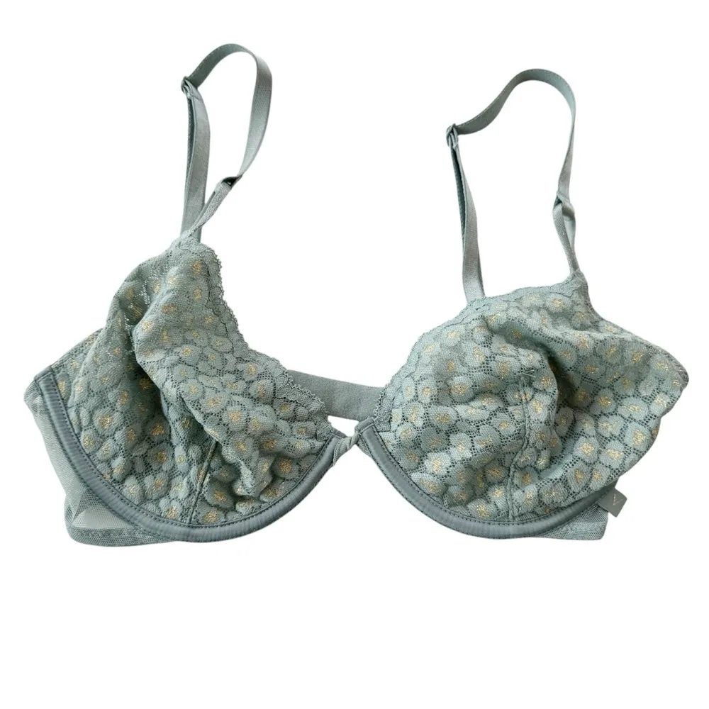 Victoria’s Secret Underwire Gold Metallic Lace Demi Bra Blue Size 32D NWT - Image 3