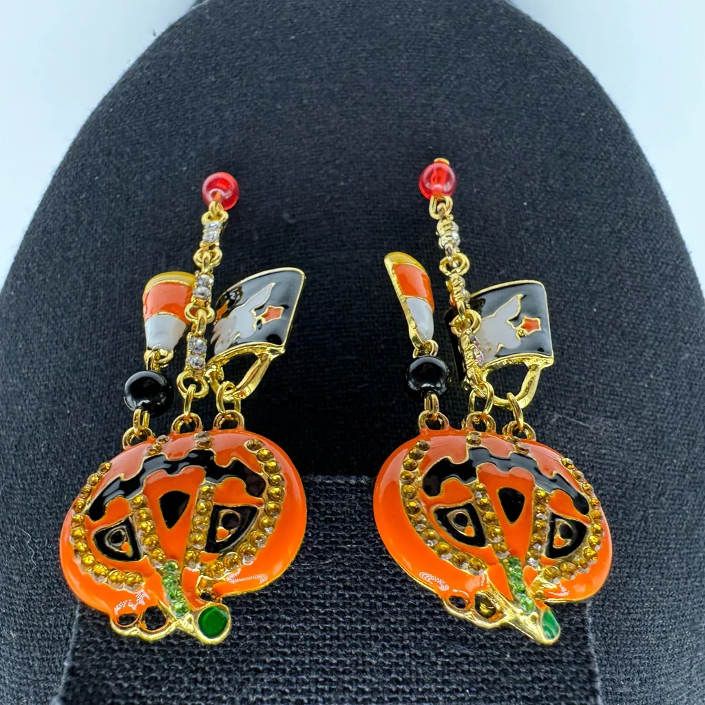 Halloween Pierce Earring Pumpkins with Rhinestones Orange - Image 2