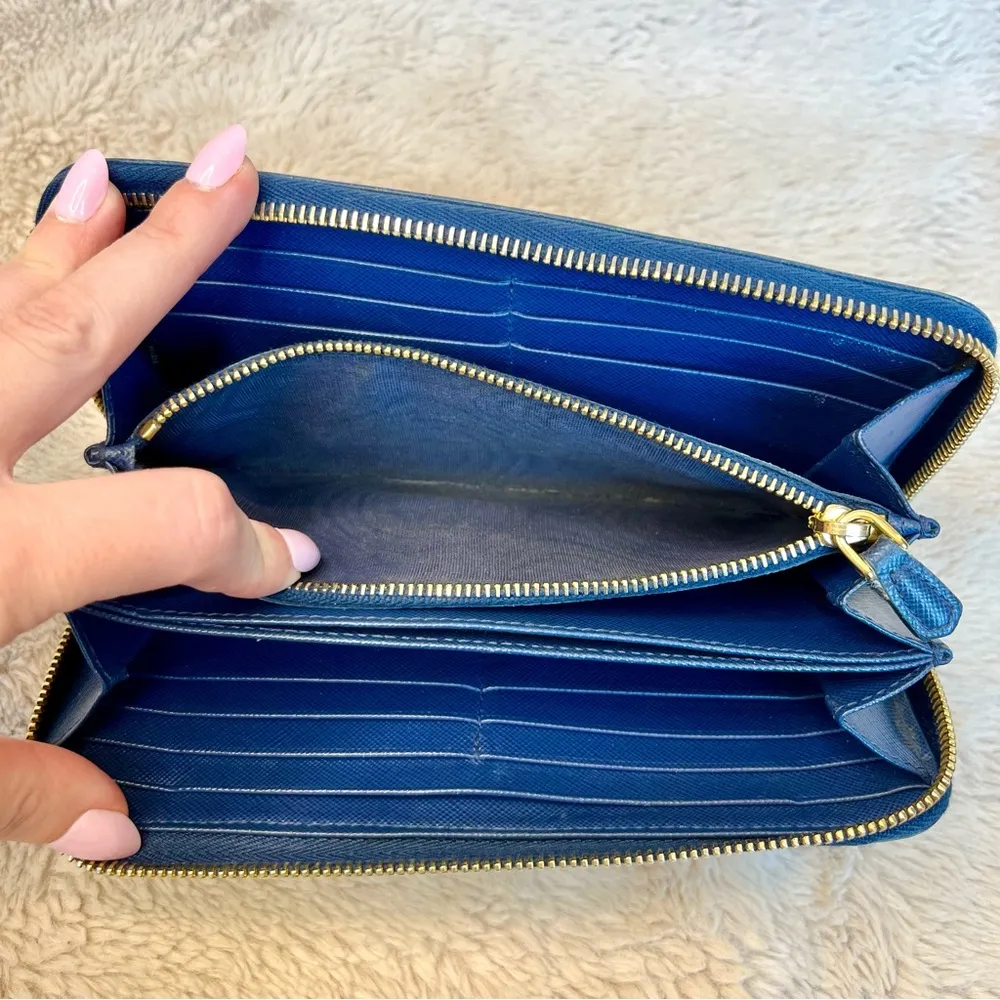 Prada Blue Saffiano Leather Large Organizer Zippy Wallet - Image 16