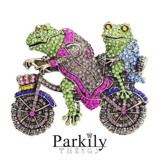 Brooch pin of two frogs riding a motorcycle adorned with sparkly crystals Gold - Image 2
