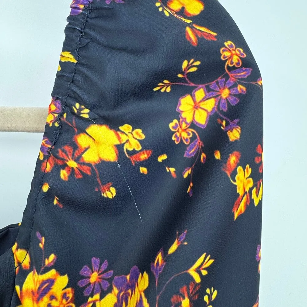 C/MEO Collective mini satin dress large bishop sleeves square neck blue floral - Image 12