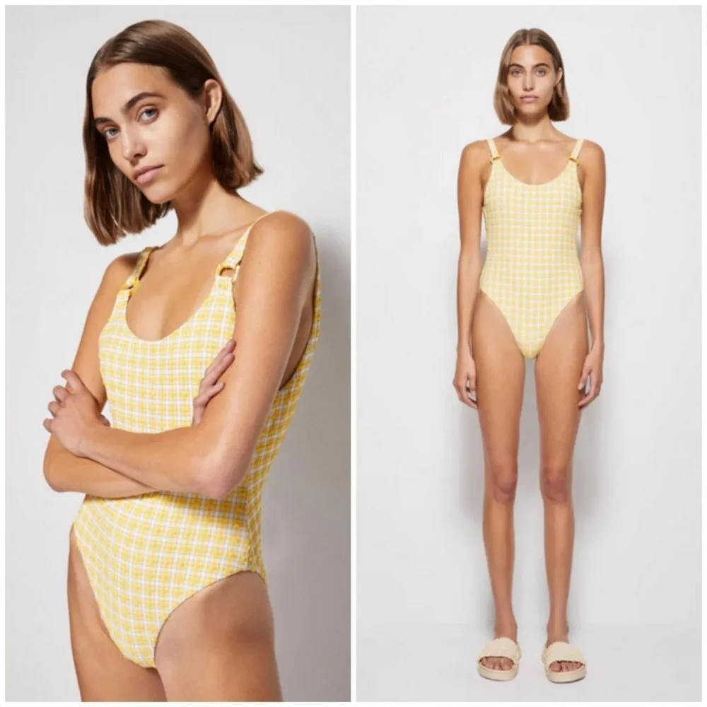 JONATHAN SIMKHAI Rosabel Seersucker One Piece Swimsuit Daffodil Plaid Large NWT Yellow - Image 5
