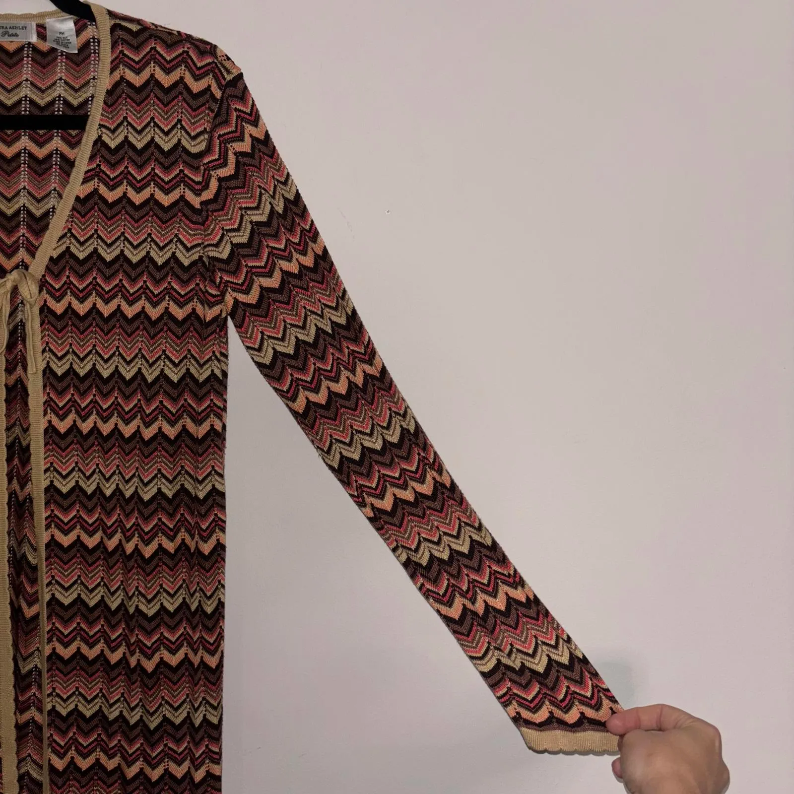 Vintage Laura Ashley Petites Silk Blend Chevron Open Front Cardigan Duster - Image 4