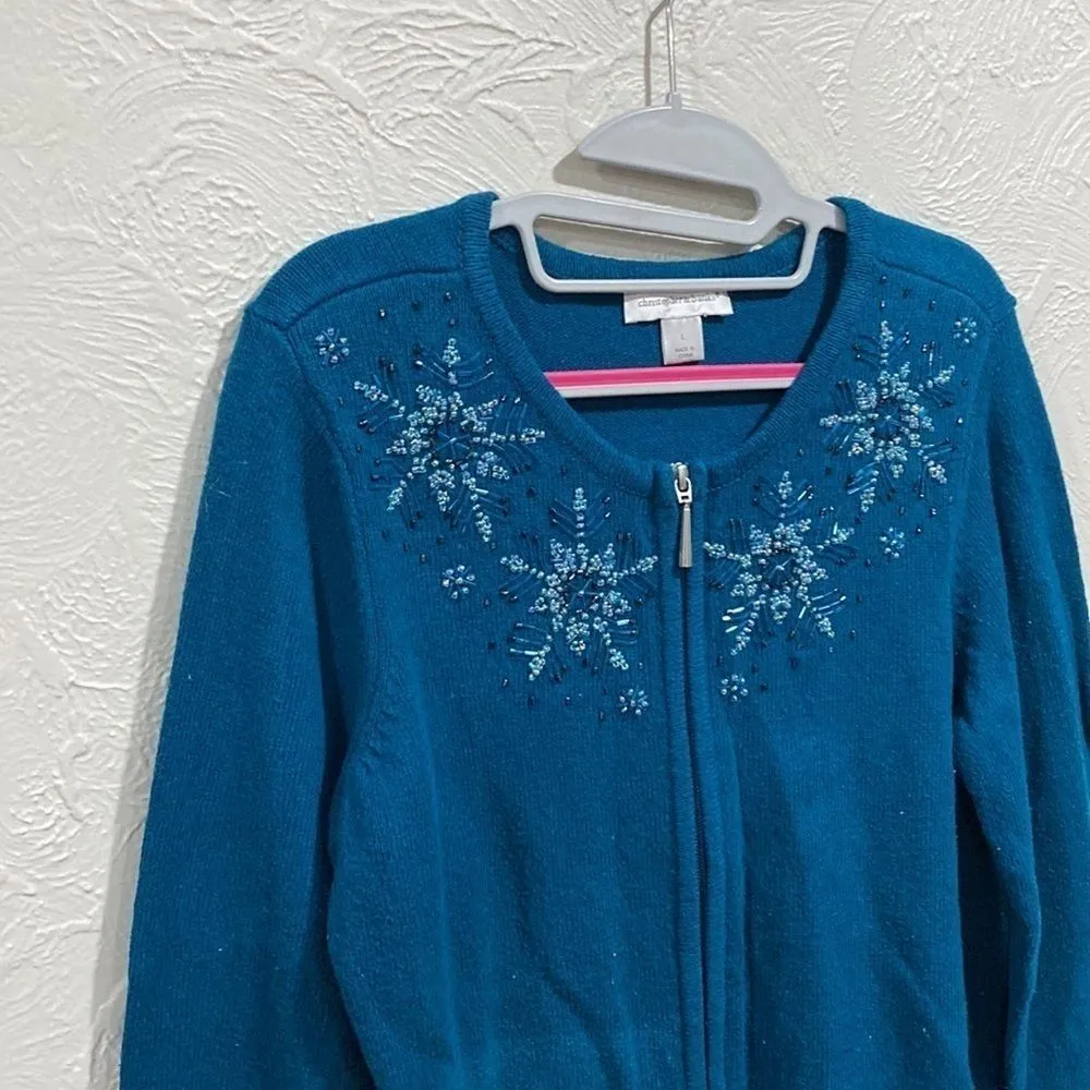Christopher & Banks teal beaded zip up sweater size large - Image 2
