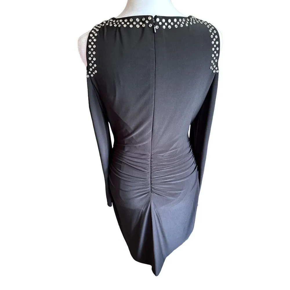 Cache' Black Stretch Embellished Bodycon Cold Shoulder Dress Sz 4 - Image 8