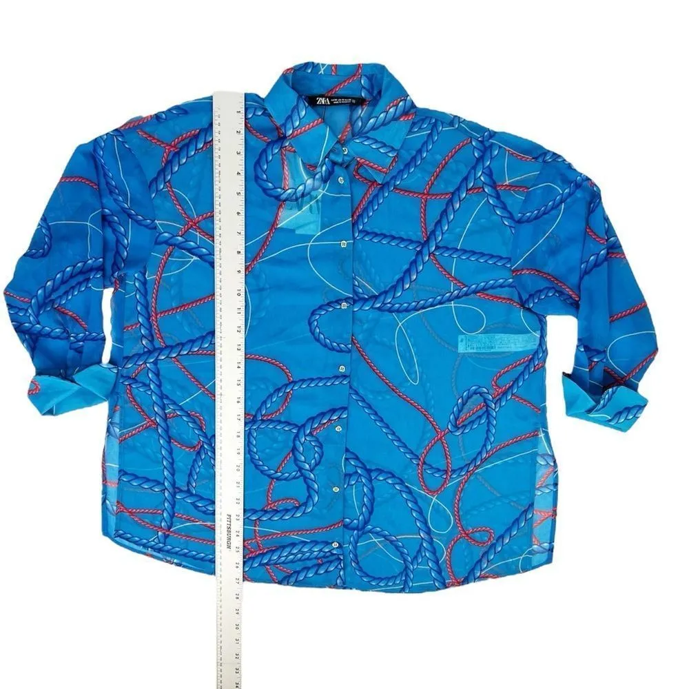 ZARA  Blue Nautical Rope Oversized Button Down Collared Blouse Size Medium - Image 7