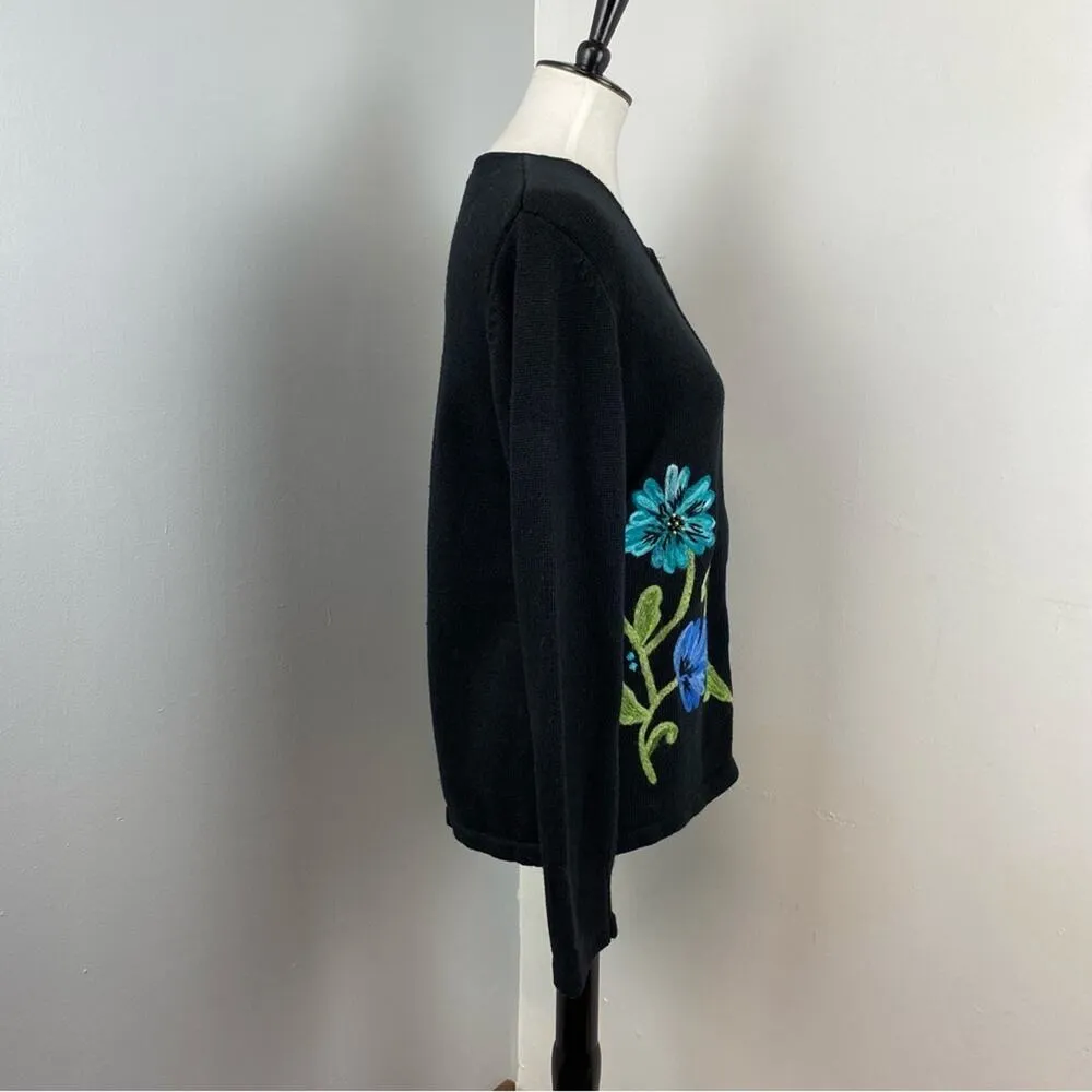 The Tog Shop Black Floral Embroidered Full Zip Knit Cardigan Medium - Image 4