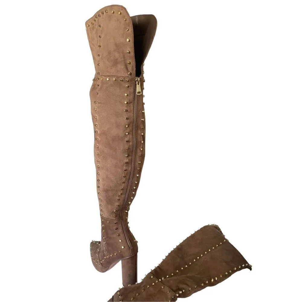 New Venus Faux Suede Studded Over the knee Taupe Boots - Image 3