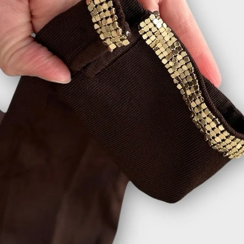 Vintage Y2K bebe Halter Top & Cardigan Set with Gold Chain Trim Brown Sz S/M - Image 9