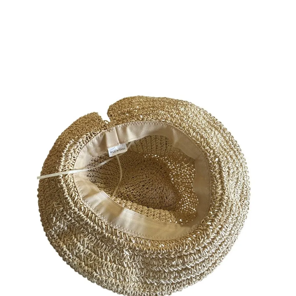 Wide Brim Straw Hat With Bow Breathable Womens Sun Hat Foldable Beach Hat Size M - Image 3