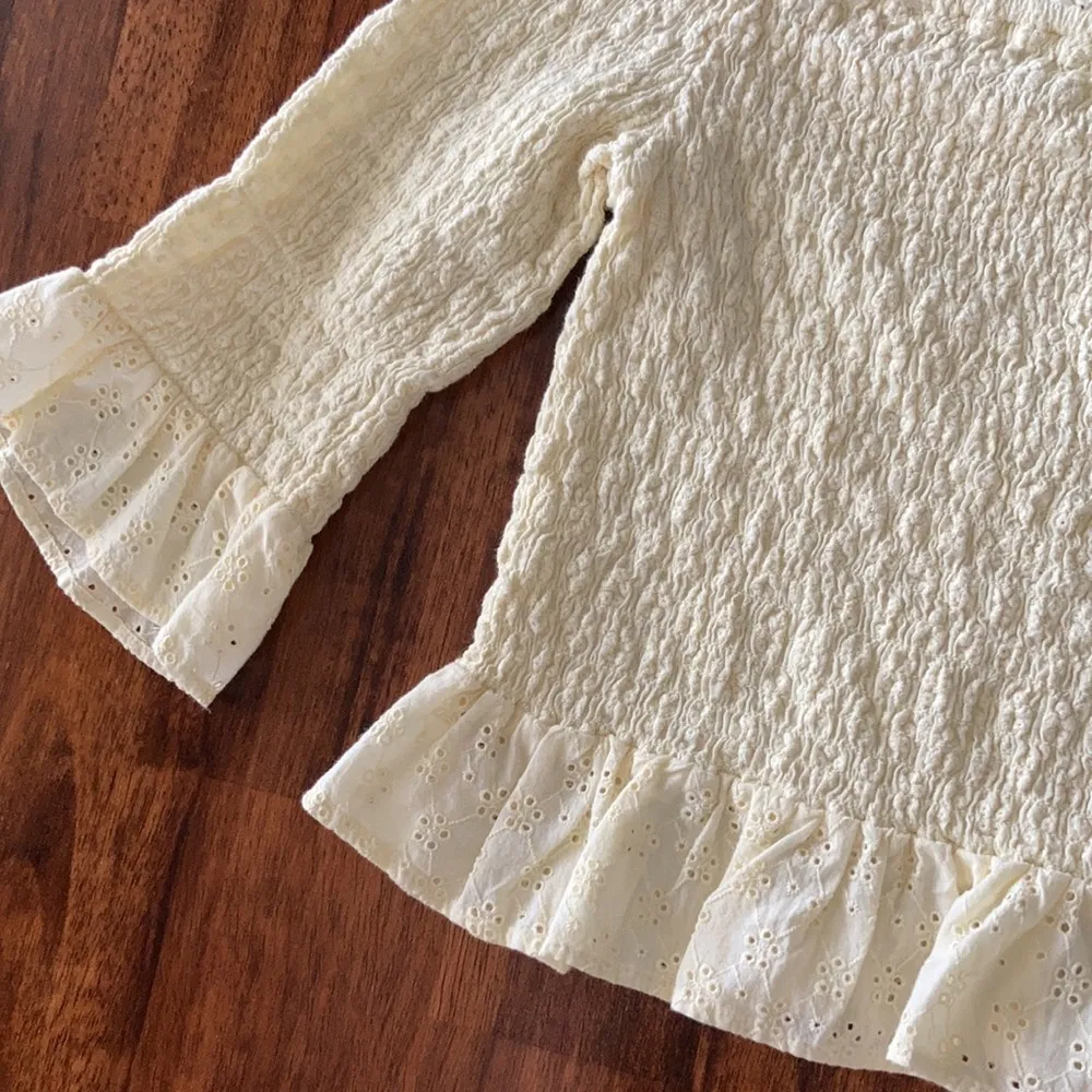 American Eagle Yellow Ruffled Smocked Crop Top Off Shoulder Blouse Frilled NWT - Image 2