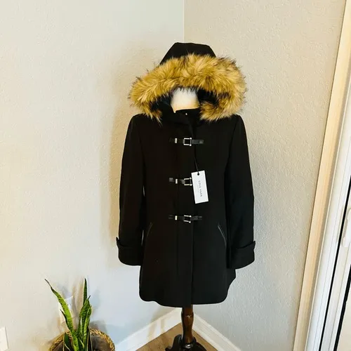 Cole Haan Wool Blend Faux Fur Trim Hooded Coat, Brown,‎ Size 4, NWT - Image 7