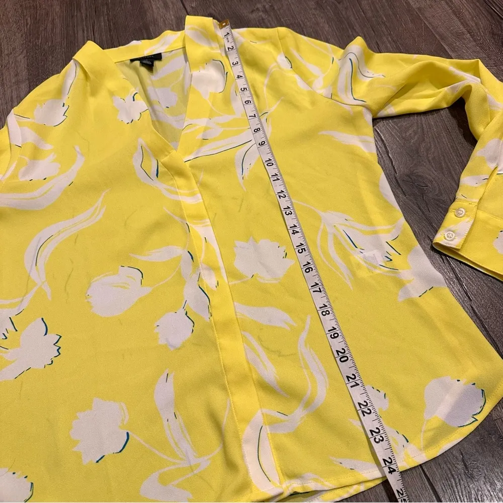 Halogen Yellow Floral Print Blouse V-Neck Button Front Long Sleeve Career Office - Image 7