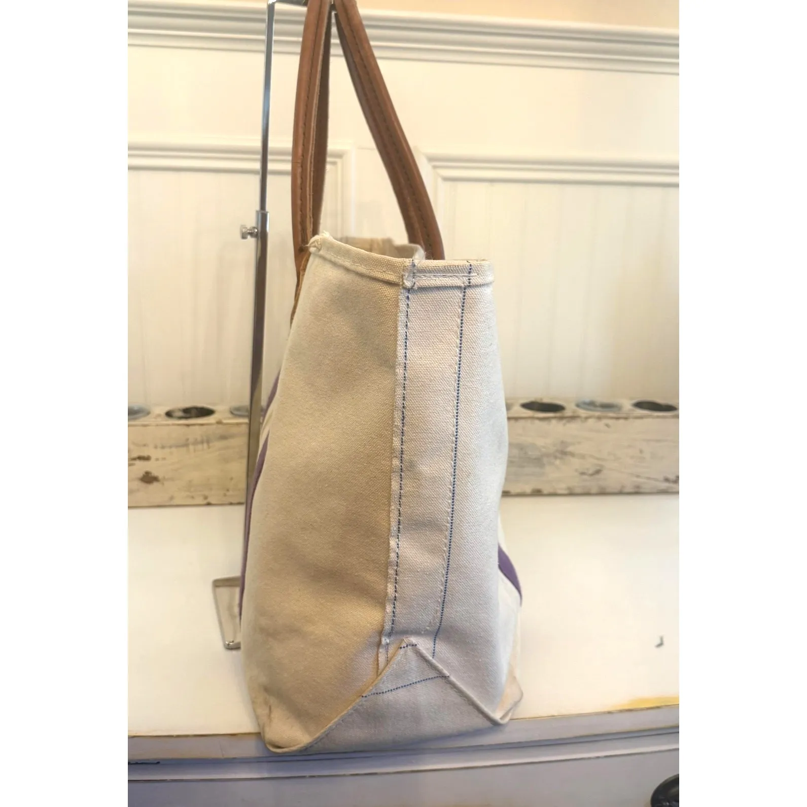 Vintage 80's LL Bean Factory Store Boat & Tote Leather Handle Bag Striped Purple - Image 3