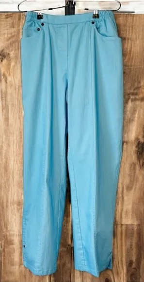 Cathy Daniel’s Straight Leg Pull On Jean Pants M Stretch Aqua Blue Slubbed - Image 1