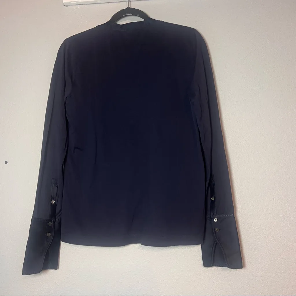 J. Crew Tuxedo Bib Blouse Navy Blue Pleated Button Detail Cotton Size Medium - Image 5