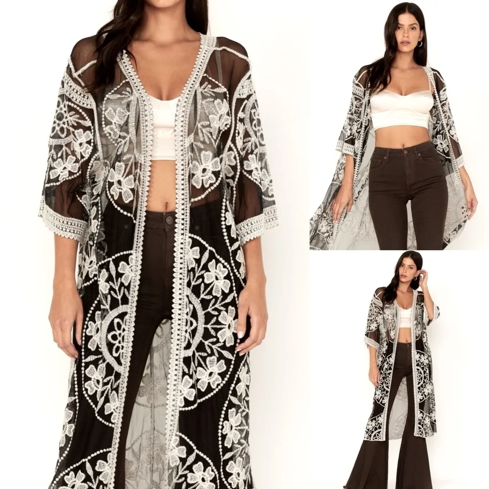 NWOT Floral Lace Medallion Kimono Open Front Cardigan One Size - Image 11