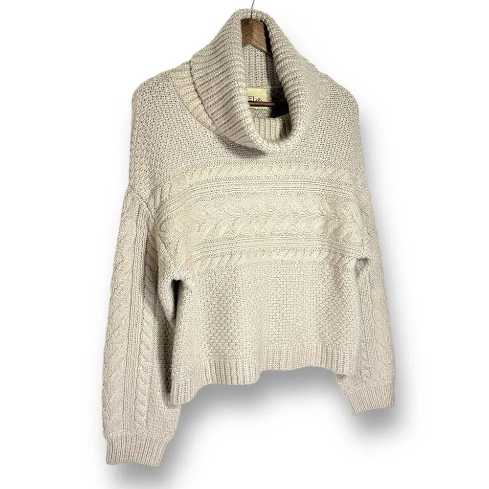 Elie Tahari Sweater M Chunky Knit Turtleneck‎ Beige Cozy Stretch Fisherman - Image 2